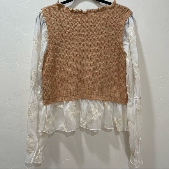 Anthropologie Layered Sweater Vest Blouse Tan White Sheer Floral Women's Medium - Picture 10 of 16
